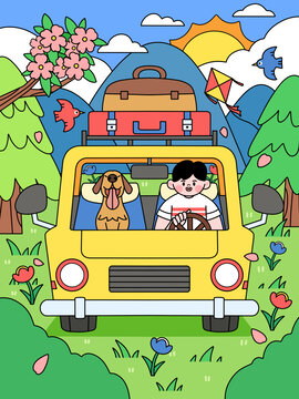 假期旅游戶外露營自駕游插畫