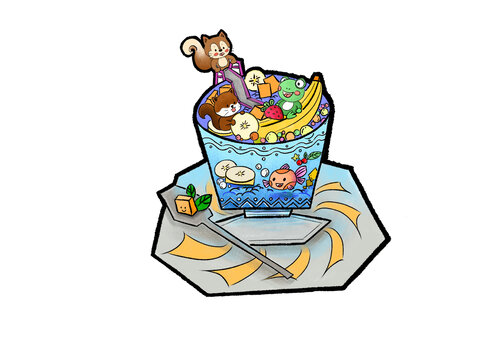 杯子里樂園兒童插畫手繪游樂園松鼠青蛙魚