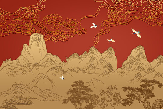 祥云仙鶴線描壁畫