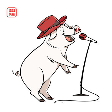 矢量插圖動(dòng)物唱歌卡通豬