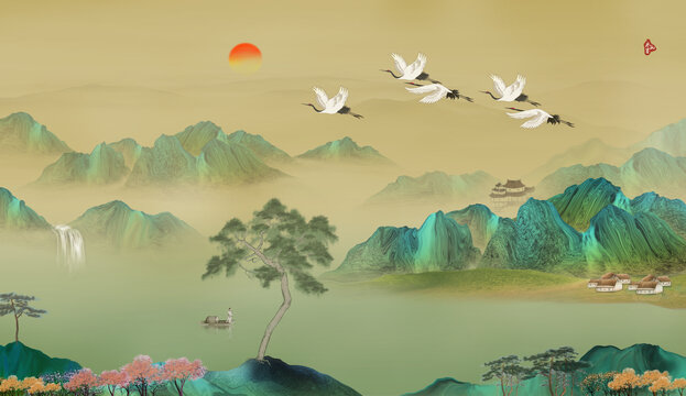 新中式青綠水墨山水