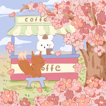 春天櫻花樹下的咖啡屋插畫