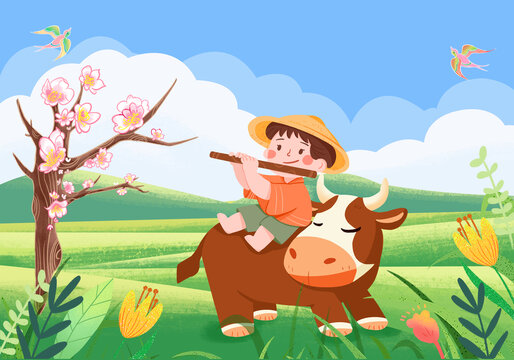 卡通手繪清明節(jié)春分牧童遙指杏花村