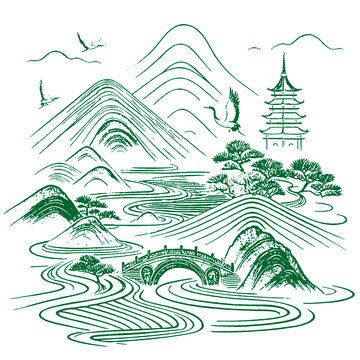 山水畫手繪線稿底紋古建筑包裝設(shè)計(jì)矢量素材