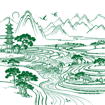 山水畫手繪線稿底紋古建筑包裝設(shè)計(jì)矢量素材