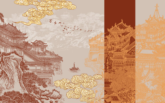 中式輕奢樓閣山水畫背景墻