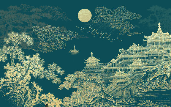 金色樓閣山水畫背景墻