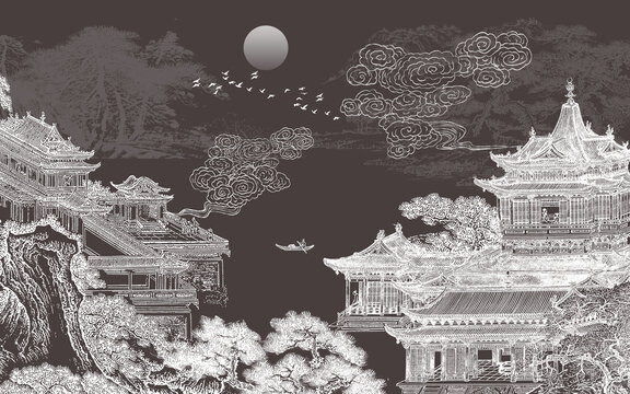 新中式山水樓閣刺繡背景