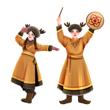 五十六個(gè)民族之鄂倫春族少年少女插畫元素