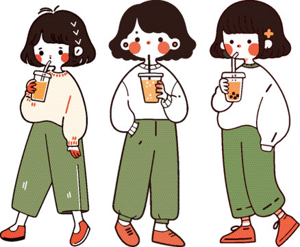 喝奶茶的女孩矢量插畫