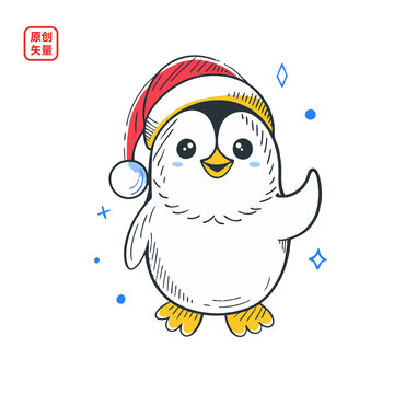 矢量插圖動(dòng)物戴圣誕帽企鵝