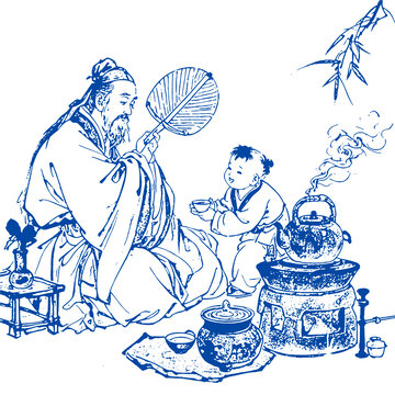 古人煮茶底紋手繪矢量圖茶葉包裝設(shè)計素材