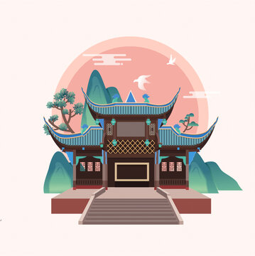 成都旅游景點青城山矢量插畫