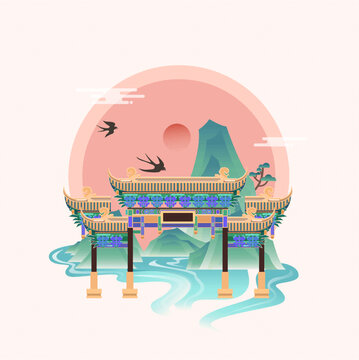 成都旅游景點古建筑文殊院矢量插畫