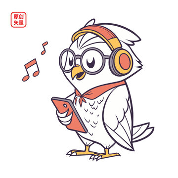 矢量插圖動物戴耳機(jī)聽音樂貓頭鷹