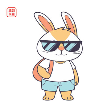 矢量插圖動物簡約戴墨鏡兔子