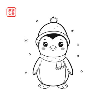 矢量插圖動物手繪線條戴帽子企鵝