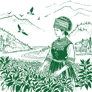 少數(shù)民族女采茶線稿禮盒包裝設(shè)計(jì)底紋矢量