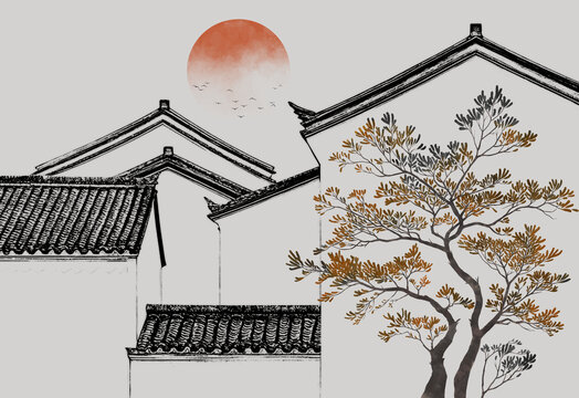 馬頭墻新中式意境樹(shù)背景墻