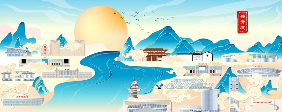 共青城地標(biāo)建筑插畫