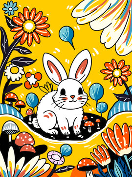 兔子與花描邊裝飾畫