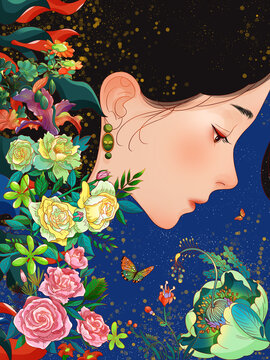 鮮花彩妝時(shí)尚裝飾女孩插畫