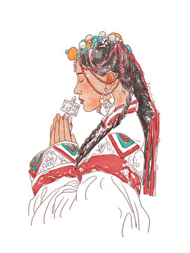 藏族朝圣轉(zhuǎn)經(jīng)女孩青藏插畫