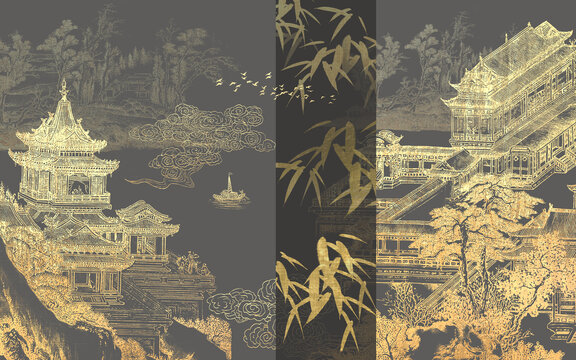中式樓閣山水刺繡背景壁畫(huà)