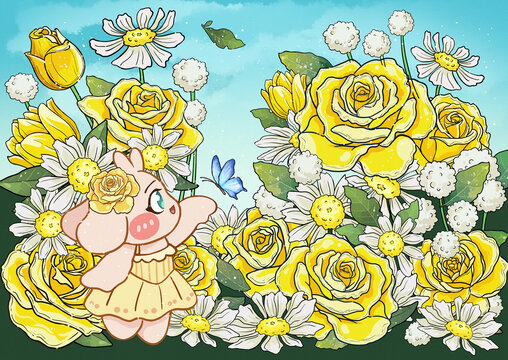 玫瑰花可愛兔蝴蝶花叢花園嬉戲