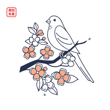 矢量插圖動物簡約枝頭小鳥