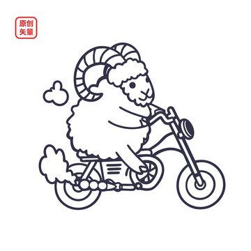 矢量插圖動物騎摩托車簡約線條山羊