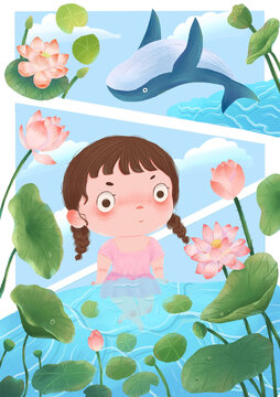 小女孩鯨魚插畫
