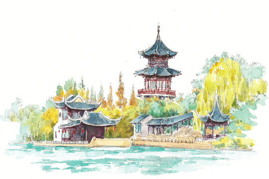 江蘇南通濠河景區(qū)水彩畫