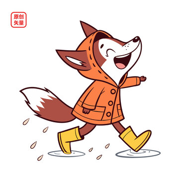 矢量插圖動物卡通穿雨鞋小狐貍