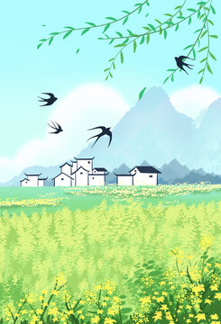 春季燕子油菜花田背景豎版222
