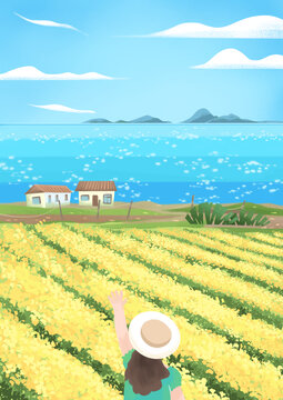 海邊油菜花田旅行插畫