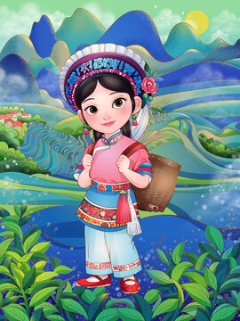 云南白族女孩采茶民族主題插畫