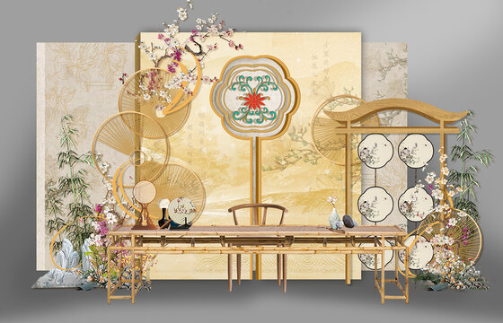 香檳色新中式團(tuán)扇打卡布置效果圖