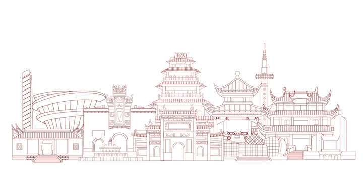 線描風(fēng)湖南長沙地標(biāo)建筑線稿