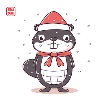 矢量插圖動物戴圣誕帽海貍