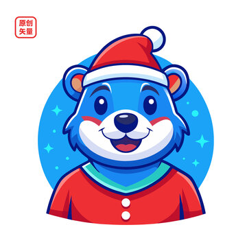 矢量插圖動(dòng)物可愛戴圣誕帽開心小熊