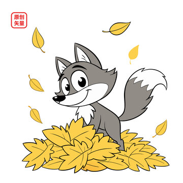矢量插圖動物可愛秋天落葉小狐貍