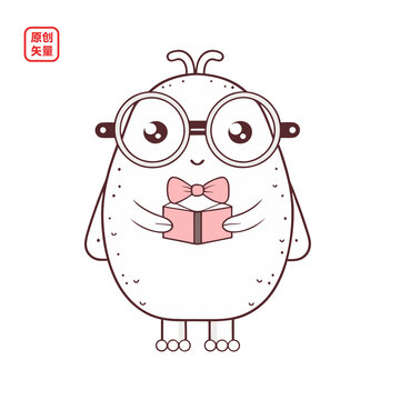 矢量插圖簡(jiǎn)約線(xiàn)條看書(shū)萌寵小獸