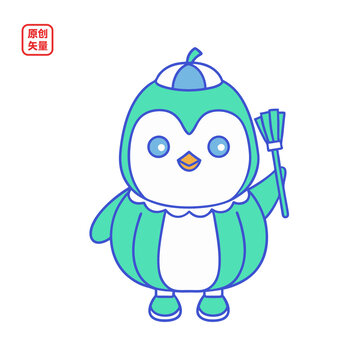 矢量插圖動物簡約綠色可愛小企鵝