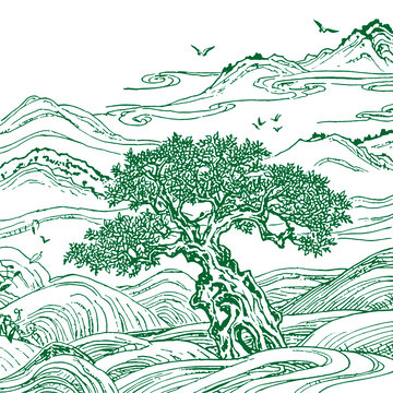 荒野茶樹手繪山巒山峰溪流底紋中國風(fēng)矢量圖
