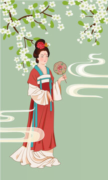 唐朝仕女圖國潮國風(fēng)插畫手繪古代服飾漢服