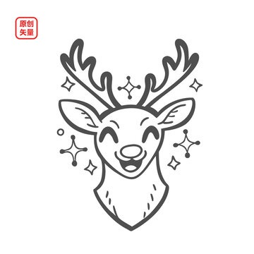 矢量插圖動物簡約線條開心小鹿頭像