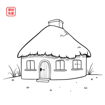 矢量插圖建筑手繪線條茅草小屋