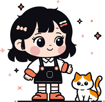 女孩貓咪橘貓卡通圖案印花插畫