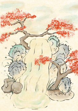 古風(fēng)梅與山水背景圖